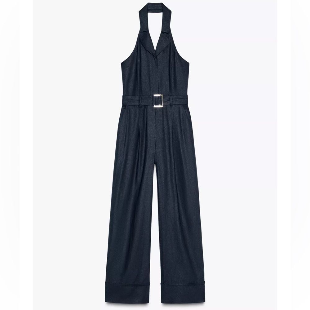 Zara Halter Belted Linen Blend Jumpsuit – Size M – NWT
